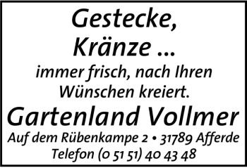 Traueranzeige von Gartenland Vollmer Gestecke von Deister- und Weserzeitung