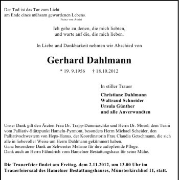 Traueranzeige von Gerhard Dahlmann von Deister- und Weserzeitung