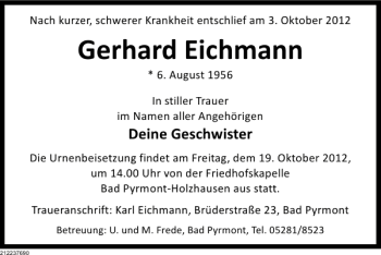 Traueranzeige von Gerhard Eichmann von Deister- und Weserzeitung