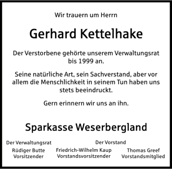 Traueranzeige von Gerhard Kettelhake von Deister- und Weserzeitung