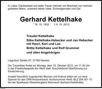 Traueranzeige von Gerhard Kettelhake von Deister- und Weserzeitung