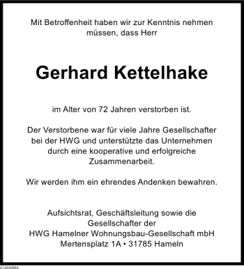 Traueranzeige von Gerhard Kettelhake von Deister- und Weserzeitung