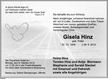 Traueranzeige von Gisela Hinz von Deister- und Weserzeitung