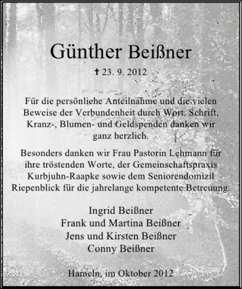 Traueranzeige von Günther Beißner von Deister- und Weserzeitung
