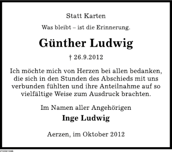 Traueranzeige von Günther Ludwig von Deister- und Weserzeitung