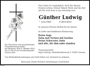 Traueranzeige von Günther Ludwig von Deister- und Weserzeitung