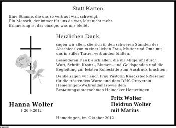 Traueranzeige von Hanna Wolter von Deister- und Weserzeitung