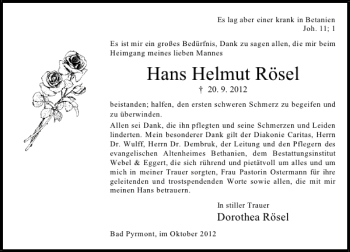 Traueranzeige von Hans Helmut Rösel von Deister- und Weserzeitung