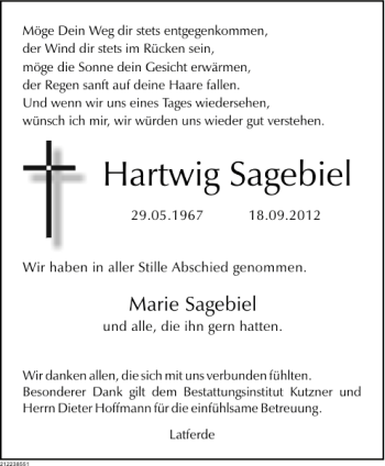 Traueranzeige von Hartwig Sagebiel von Deister- und Weserzeitung