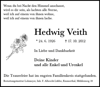 Traueranzeige von Hedwig Veith von Deister- und Weserzeitung