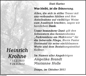 Traueranzeige von Heinrich Krohne von Deister- und Weserzeitung