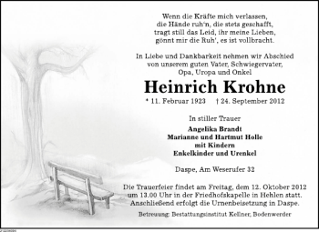 Traueranzeige von Heinrich Krohne von Deister- und Weserzeitung
