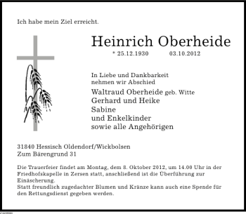 Traueranzeige von Heinrich Oberheide von Deister- und Weserzeitung