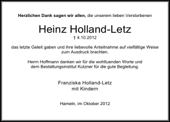 Traueranzeige von Heinz Holland-Letz von Deister- und Weserzeitung