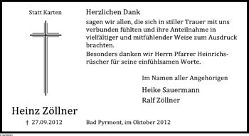 Traueranzeige von Heinz Zöllner von Deister- und Weserzeitung