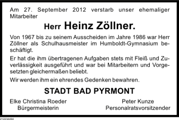 Traueranzeige von Heinz Zöllner von Deister- und Weserzeitung