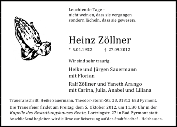 Traueranzeige von Heinz Zöllner von Deister- und Weserzeitung