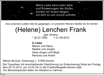 Traueranzeige von Helene (Lenchen) Frank von Deister- und Weserzeitung