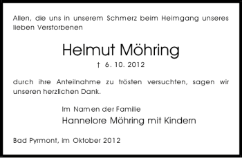 Traueranzeige von Helmut Möhring von Deister- und Weserzeitung