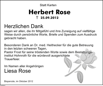 Traueranzeige von Herbert Rose von Deister- und Weserzeitung