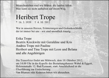 Traueranzeige von Heribert Trope von Deister- und Weserzeitung