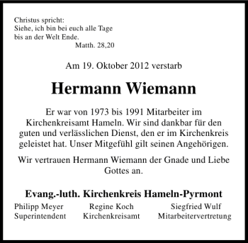 Traueranzeige von Hermann Wiemann von Deister- und Weserzeitung