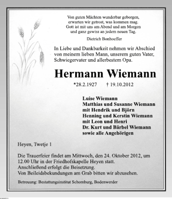 Traueranzeige von Hermann Wiemann von Deister- und Weserzeitung