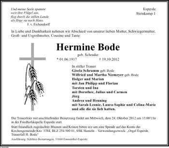 Traueranzeige von Hermine Bode von Deister- und Weserzeitung