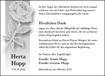 Traueranzeige von Herta Hupp von Deister- und Weserzeitung