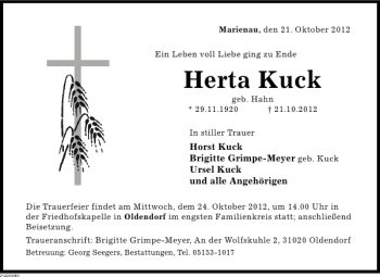 Traueranzeige von Herta Kuck von Deister- und Weserzeitung