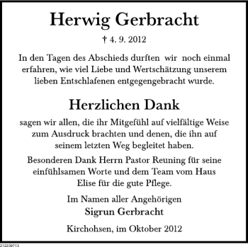 Traueranzeige von Herwig Gerbracht von Deister- und Weserzeitung