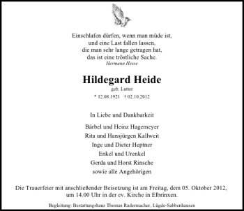 Traueranzeige von Hildegard Heide von Deister- und Weserzeitung