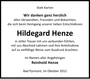Traueranzeige von Hildegard Henze von Deister- und Weserzeitung