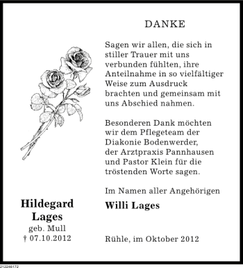 Traueranzeige von Hildegard Lages von Deister- und Weserzeitung
