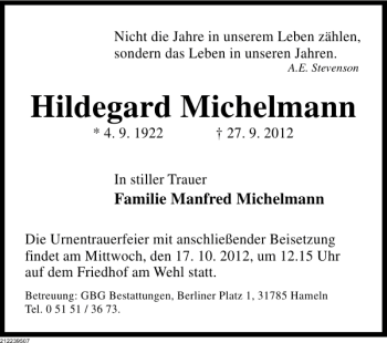 Traueranzeige von Hildegard Michelmann von Deister- und Weserzeitung