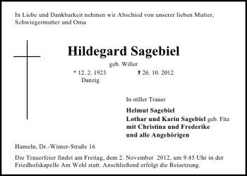 Traueranzeige von Hildegard Sagebiel von Deister- und Weserzeitung