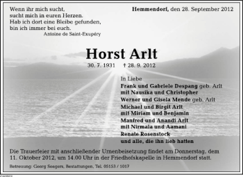 Traueranzeige von Horst Arlt von Deister- und Weserzeitung