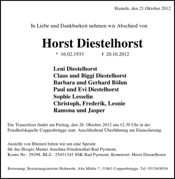 Traueranzeige von Horst Diestelhorst von Deister- und Weserzeitung