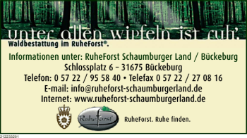 Traueranzeige von Informationen RuheForst Schaumburger Land Bückeburg von Deister- und Weserzeitung