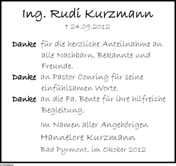 Traueranzeige von Ing. Rudi Kurzmann von Deister- und Weserzeitung