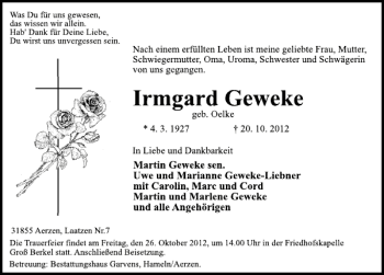 Traueranzeige von Irmgard Geweke von Deister- und Weserzeitung