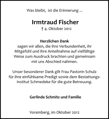 Traueranzeige von Irmtraud Fischer von Deister- und Weserzeitung