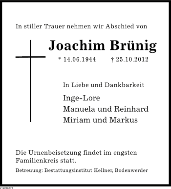 Traueranzeige von Joachim Brünig von Deister- und Weserzeitung