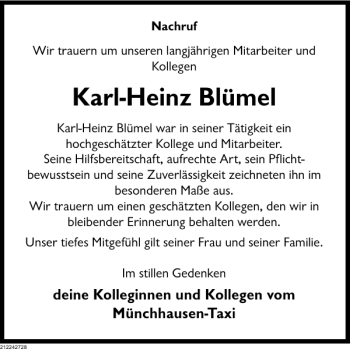 Traueranzeige von Karl-Heinz Blümel von Deister- und Weserzeitung
