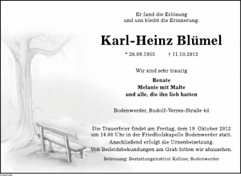 Traueranzeige von Karl-Heinz Blümel von Deister- und Weserzeitung