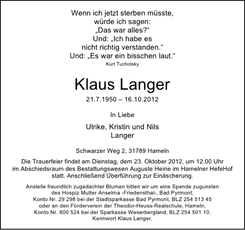  Traueranzeige für Klaus Langer vom 20.10.2012 aus Deister- und Weserzeitung