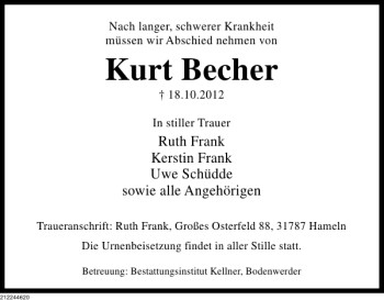 Traueranzeige von Kurt Becher von Deister- und Weserzeitung