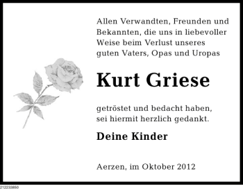 Traueranzeige von Kurt Griese von Deister- und Weserzeitung