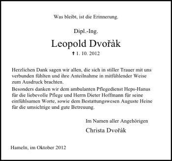 Traueranzeige von Leoplold Dvorak von Deister- und Weserzeitung