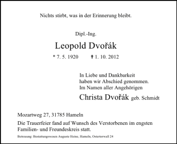 Traueranzeige von Leopold Dvorak von Deister- und Weserzeitung